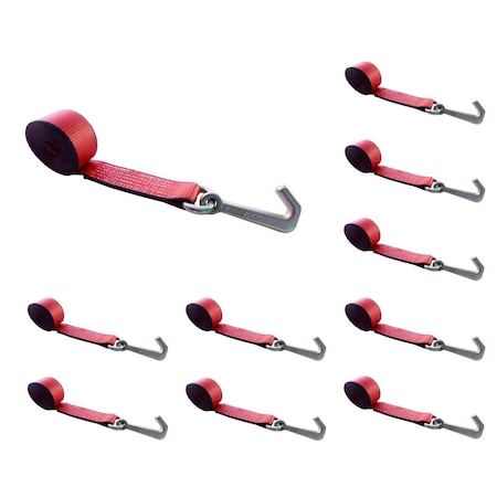 Tie 4 Safe 2" x 10' Lasso Strap w/ Mini J Hook for Towing Wrecker Trailer Tie Down Red, 10PK TWS65-5210-J-R-10